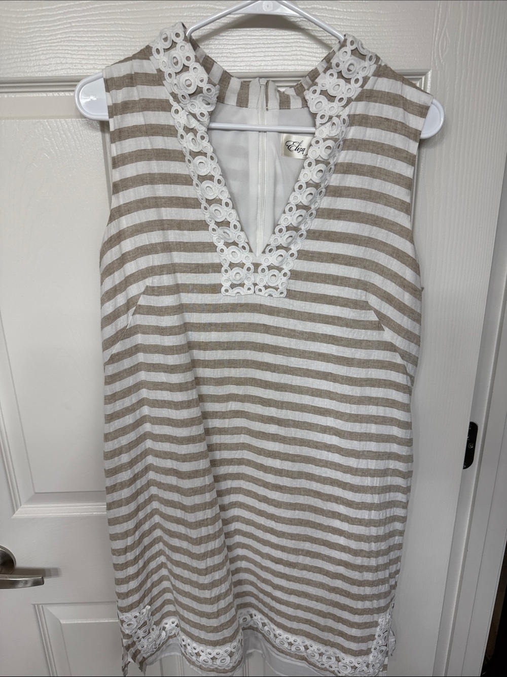 Eliza J Beige and White Striped Sleeveless Shift with Eyelet Trim
